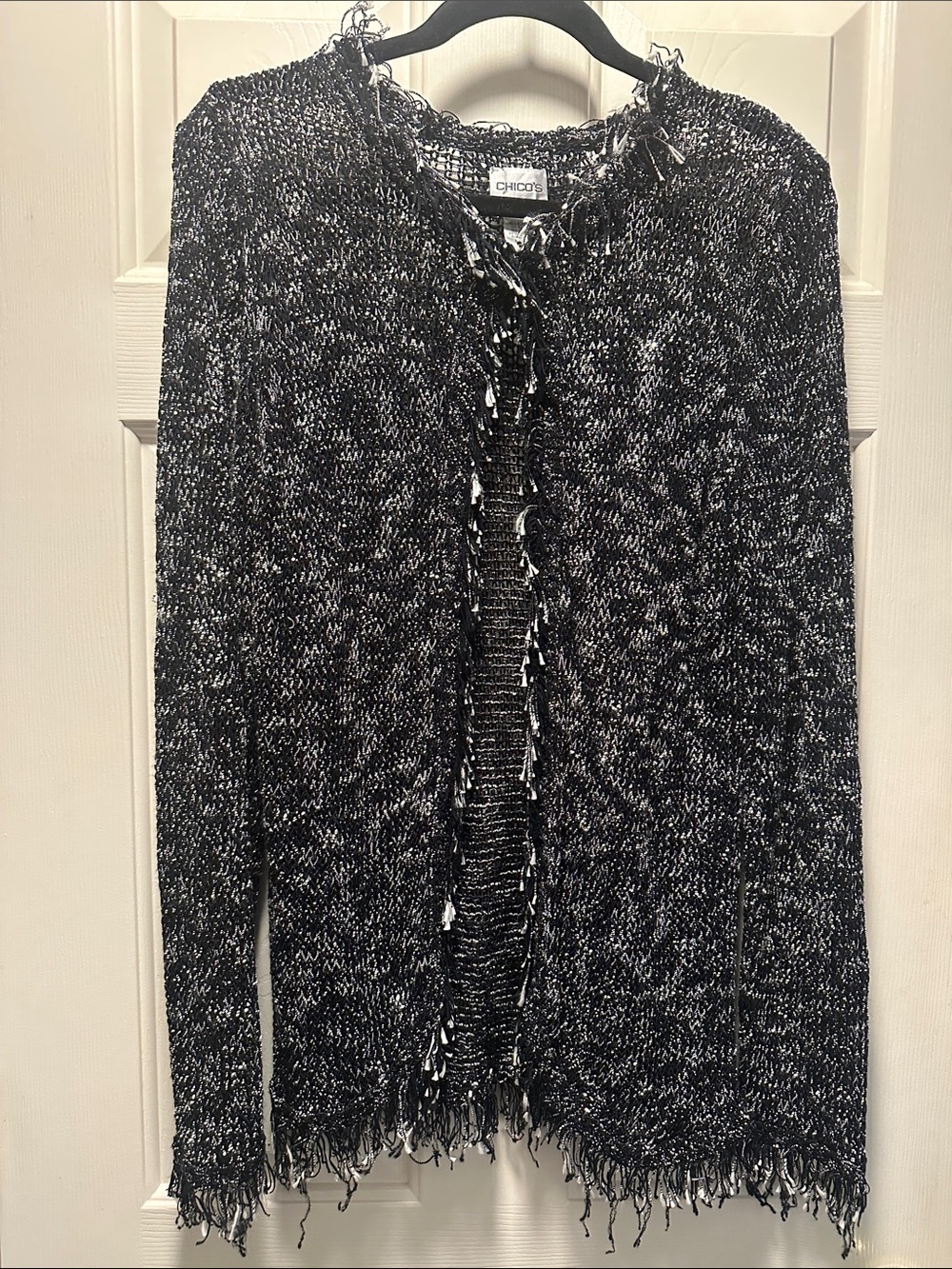 Chico's Black & White Fringed Open-Front Cardigan with Hook & Eye Closure